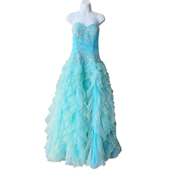 ALYCE DESIGNS Ruffle Sheer Prom Gown Size 8 Aqua Strapless Embellished Cocktail - Picture 1 of 5